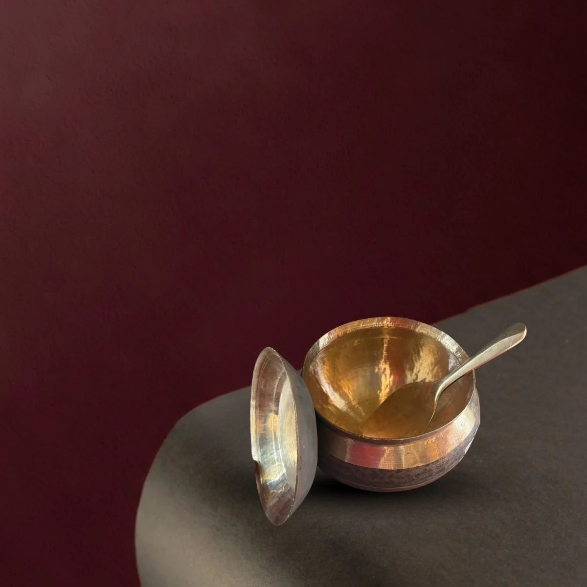 Kansa Serving Bowl with Lid and Ladle Top View-Zishta Traditional Bronze Serveware