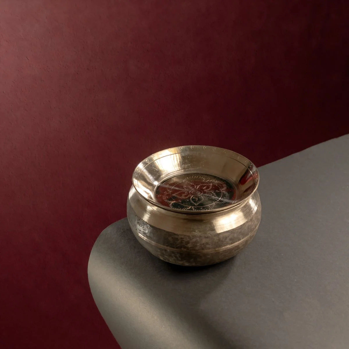 Kansa Serving Bowl with Lid Top View-Zishta Traditiona Bronze Serveware