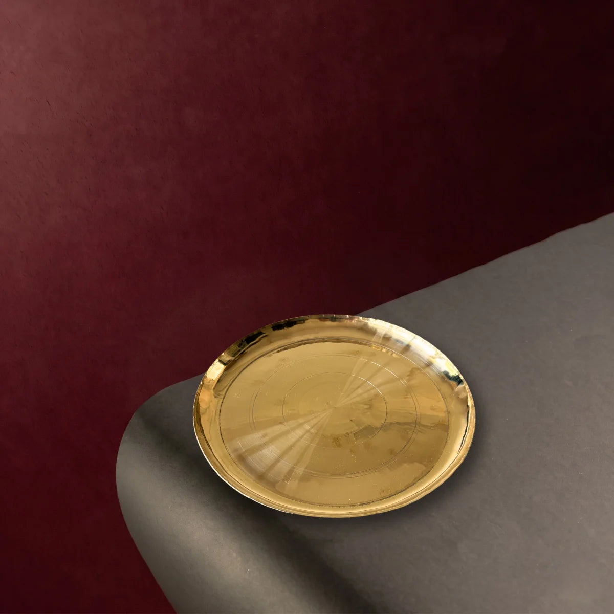 Kansa Thali Lehri- Handcrafted Bronze Dinner Plate from West Bengal Top View. Zishta Traditional Dinnerware.