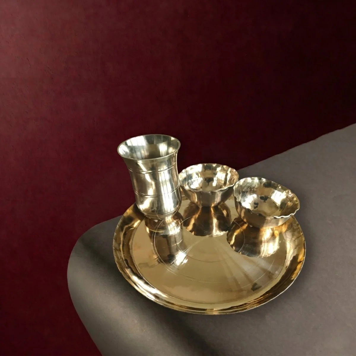 Kansa Thali Set Lehri. Handcrafted Dinner Plate Set from West Bengal Top View-ZIshta Traditional Dinnerware