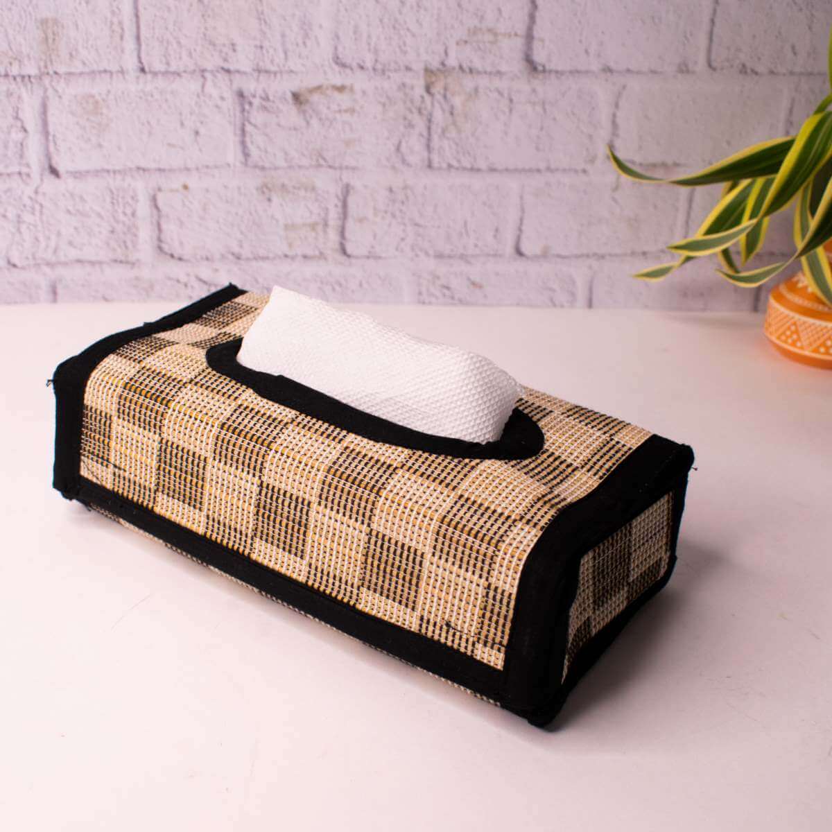 Madur Grass-Tissue Paper Box-Holder-Black and White-1-Zishta Navratri Diwali Gifts