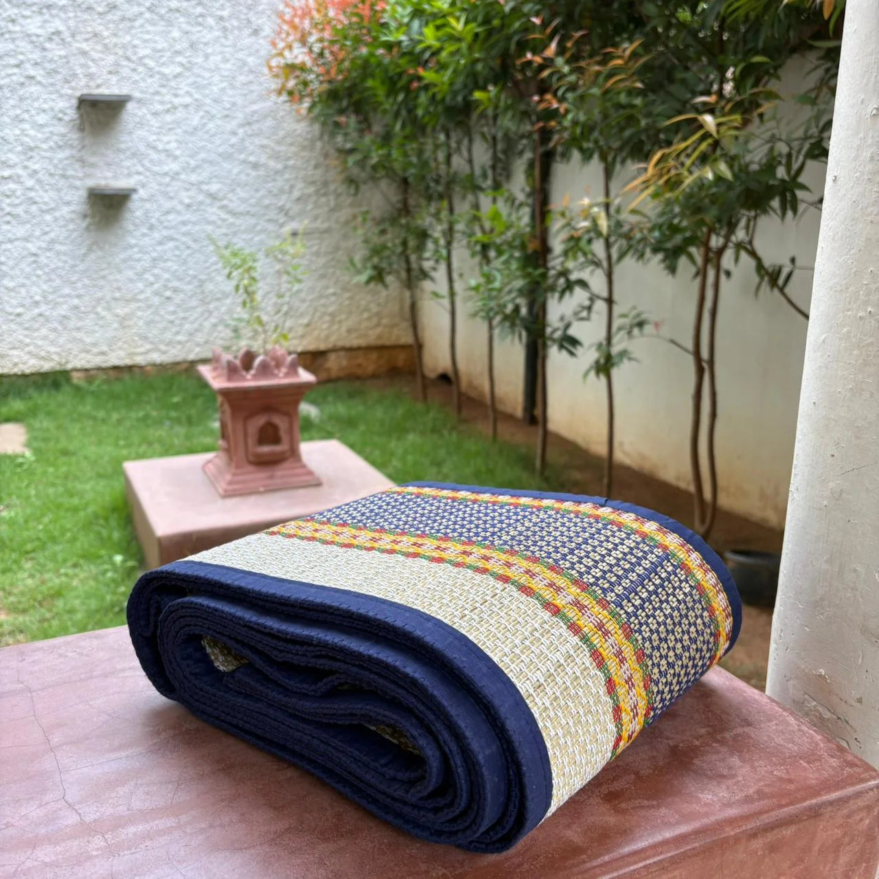 Small Madurkathi Mats Blue Folded. ZIshta Traditional Home Decor.