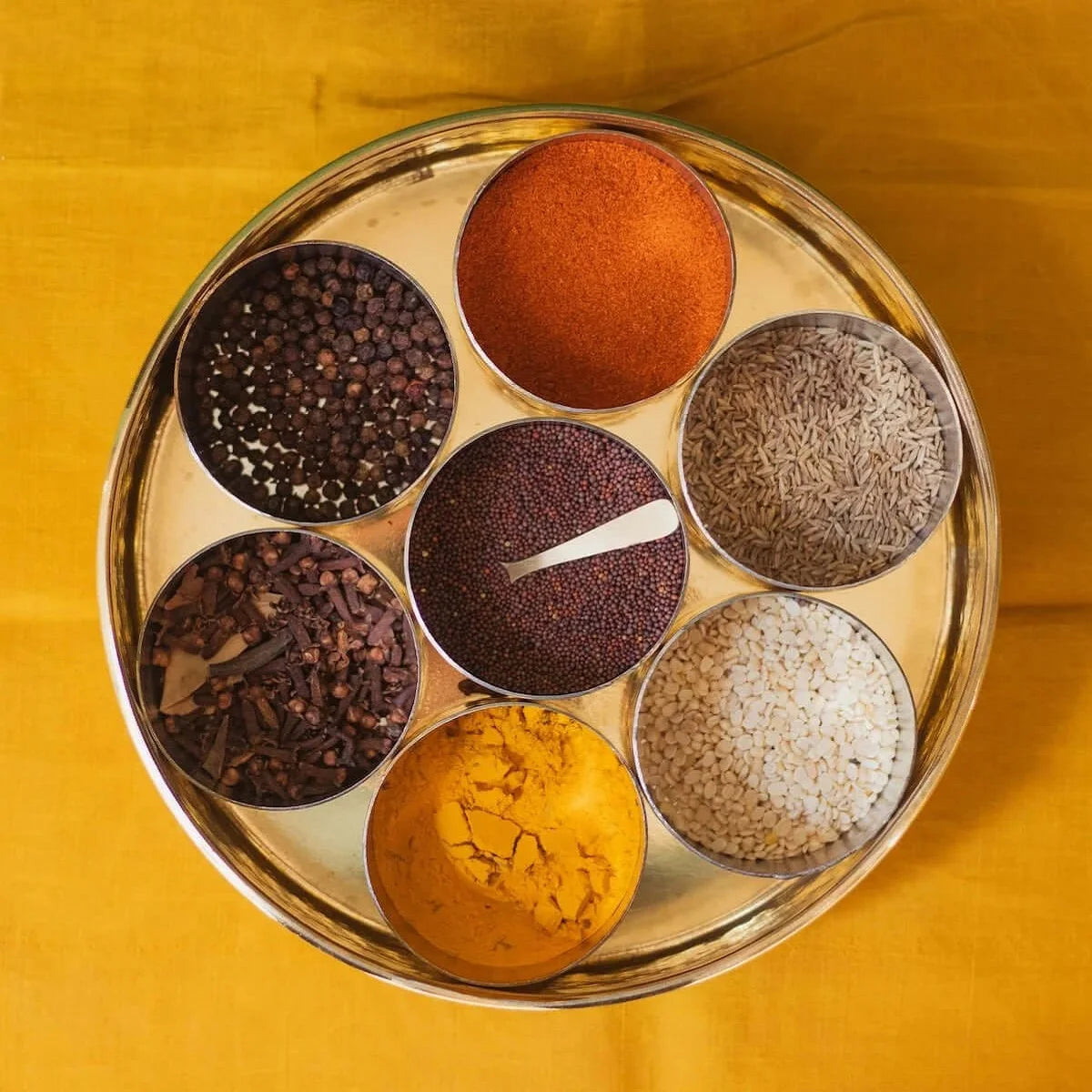 Spices Stored in a Traditional Brass Spice Box Large with Tin Coating-Zishta Kitchen Food Storage Containers
