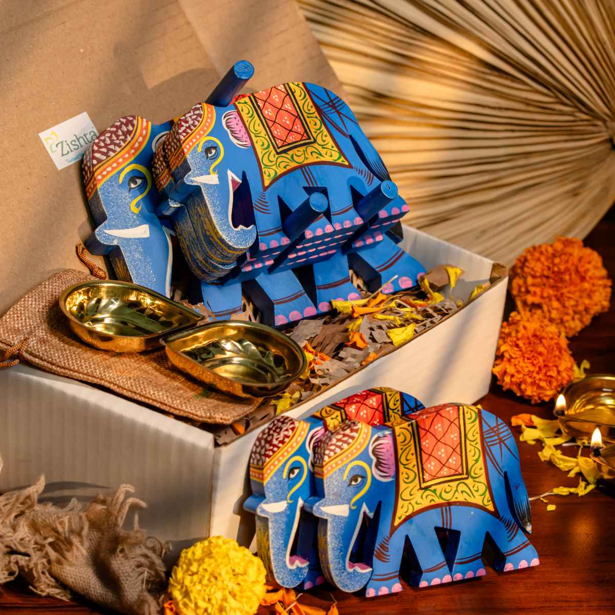 Varanasi Elephant Coasters With Diyas Gift Set-1-Zishta Gifting