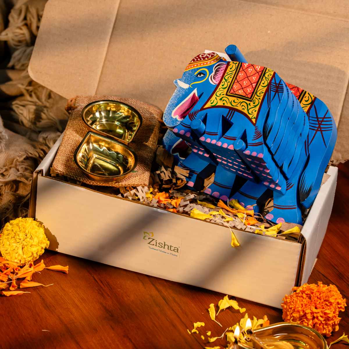 Varanasi Elephant Coasters With Diyas Gift Set-2-Zishta Gifting