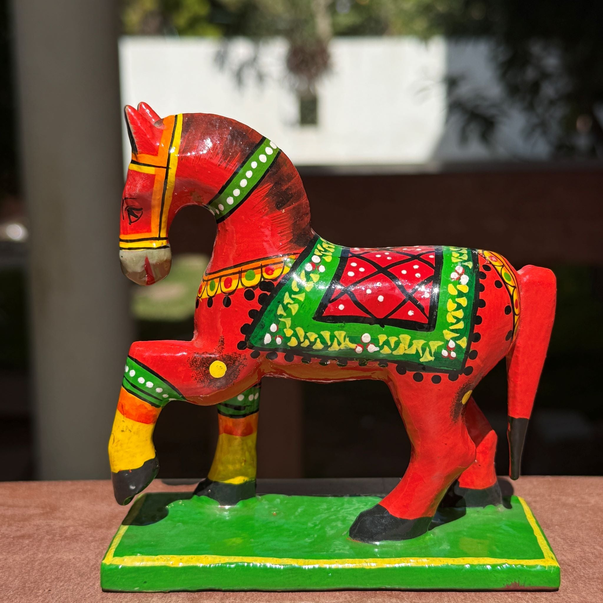 Colorful Varanasi Horse figurine with intricate patterns on a wooden surface-Zishta Traditional Home Decor-Dolls and Toys