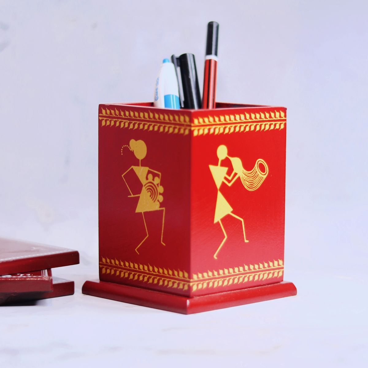 Wooden Pen Stand-Red-1-Navratri Gift-Zishta Traditional Home Decor