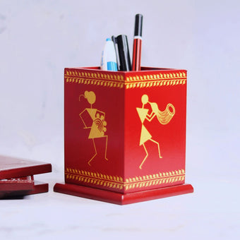 Wooden Pen Stand - Red (Set Of 5)