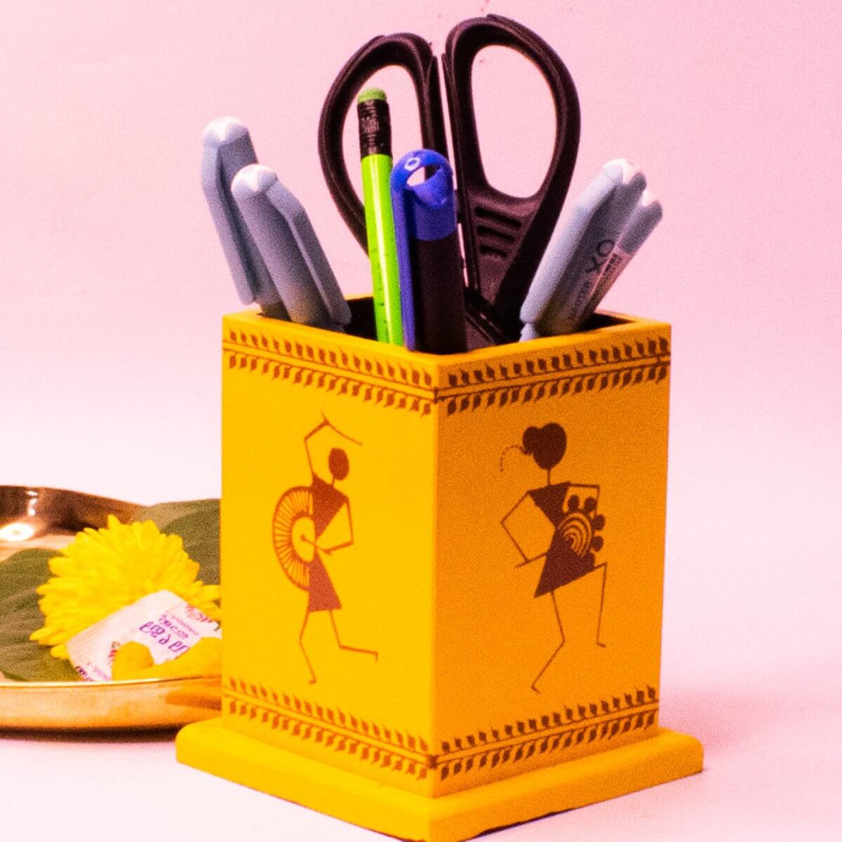 Wooden Pen Stand Yellow-Set of 2-Zishta Navratri Diwali Gifts