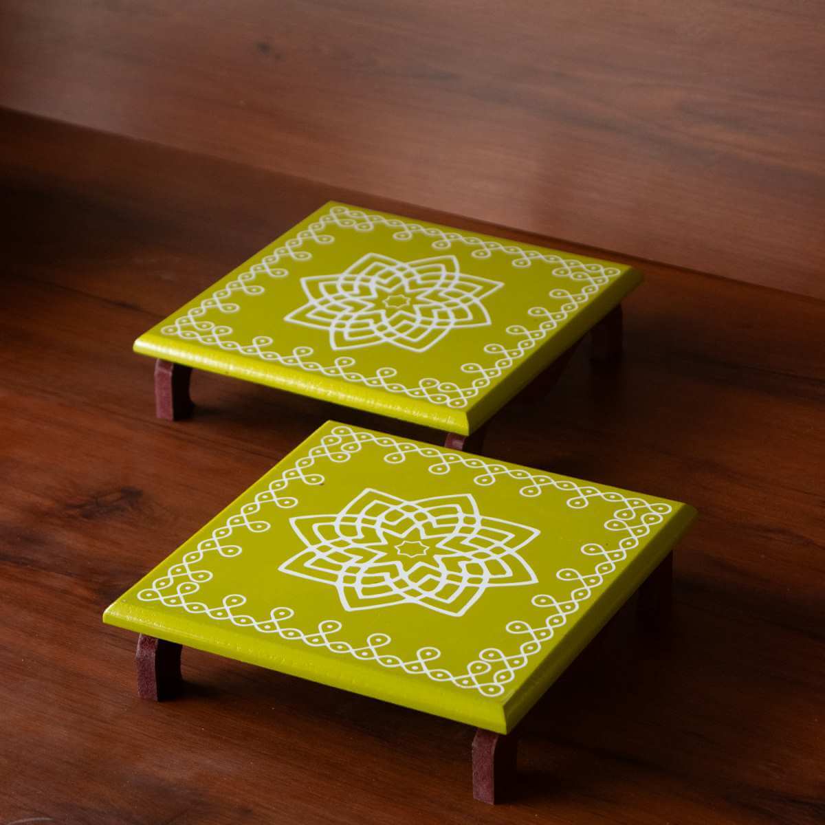 Wooden Pooja Chowki Manai green-Set of 2-Zishta Traditional Navratri Diwali Gifts