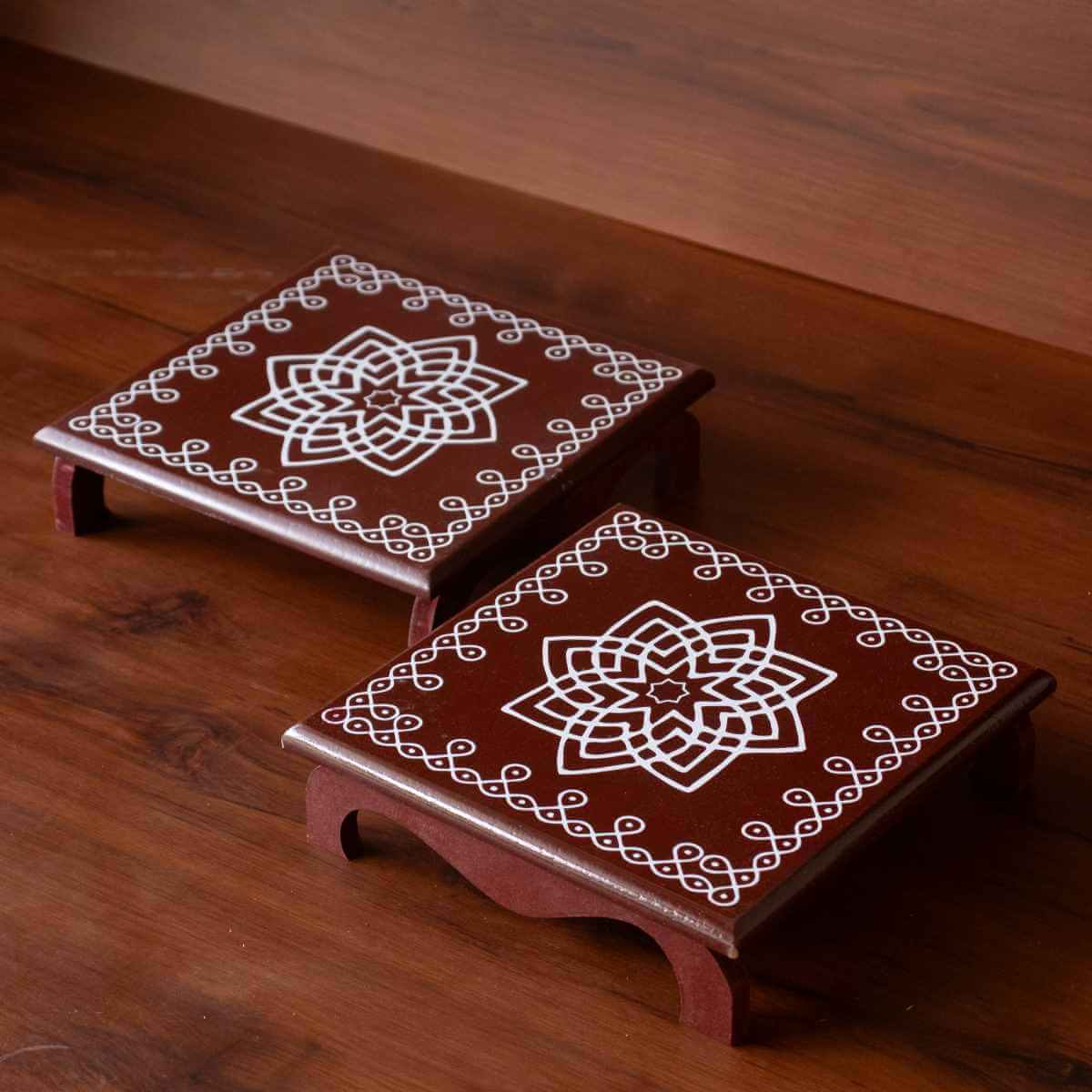 Wooden Pooja Chowki Manai Maroon-Set of 2-Zishta Traditional Navratri Diwali Gifts