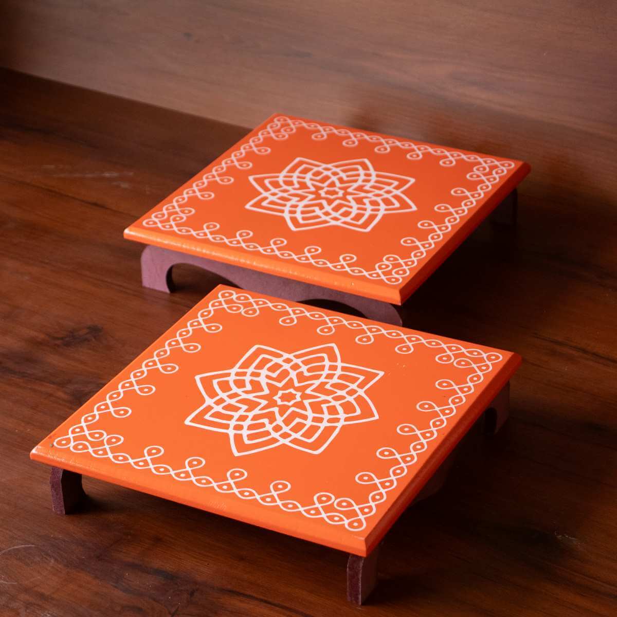 Wooden Pooja Chowki Manai Orange-Set of 2-Zishta Traditional Navratri Diwali Gifts