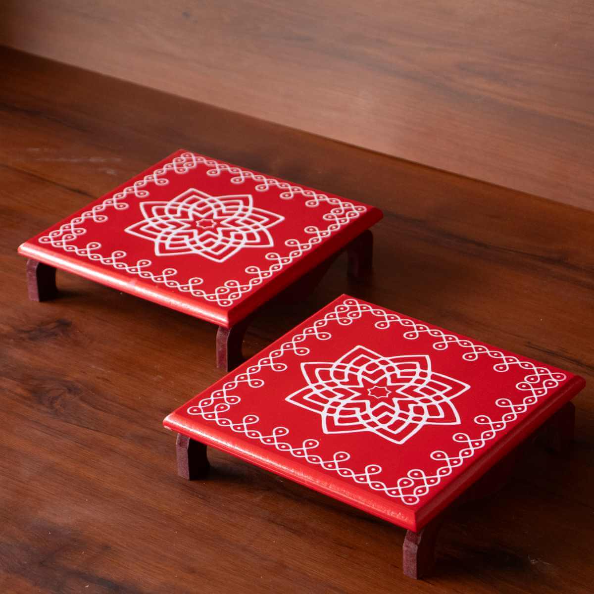 Wooden Pooja Chowki Manai Red-Set of 2-Zishta Traditional Navratri Diwali Gifts