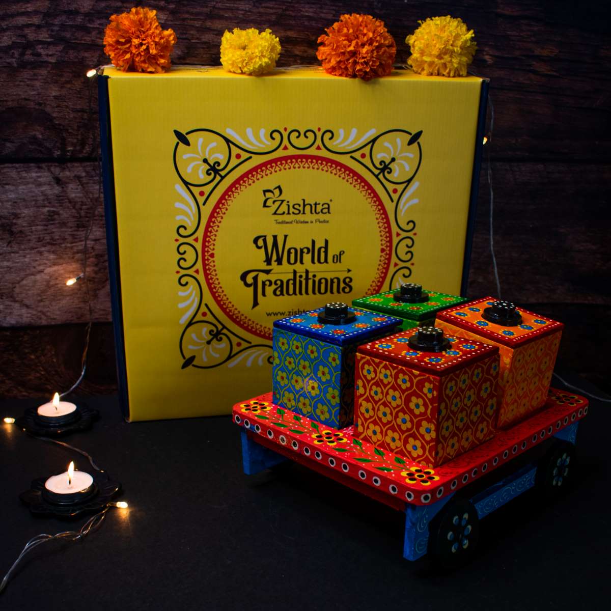 Wooden Push Cart Dry Fruit Box-2-Diali Gifts-Zishta Home Decor