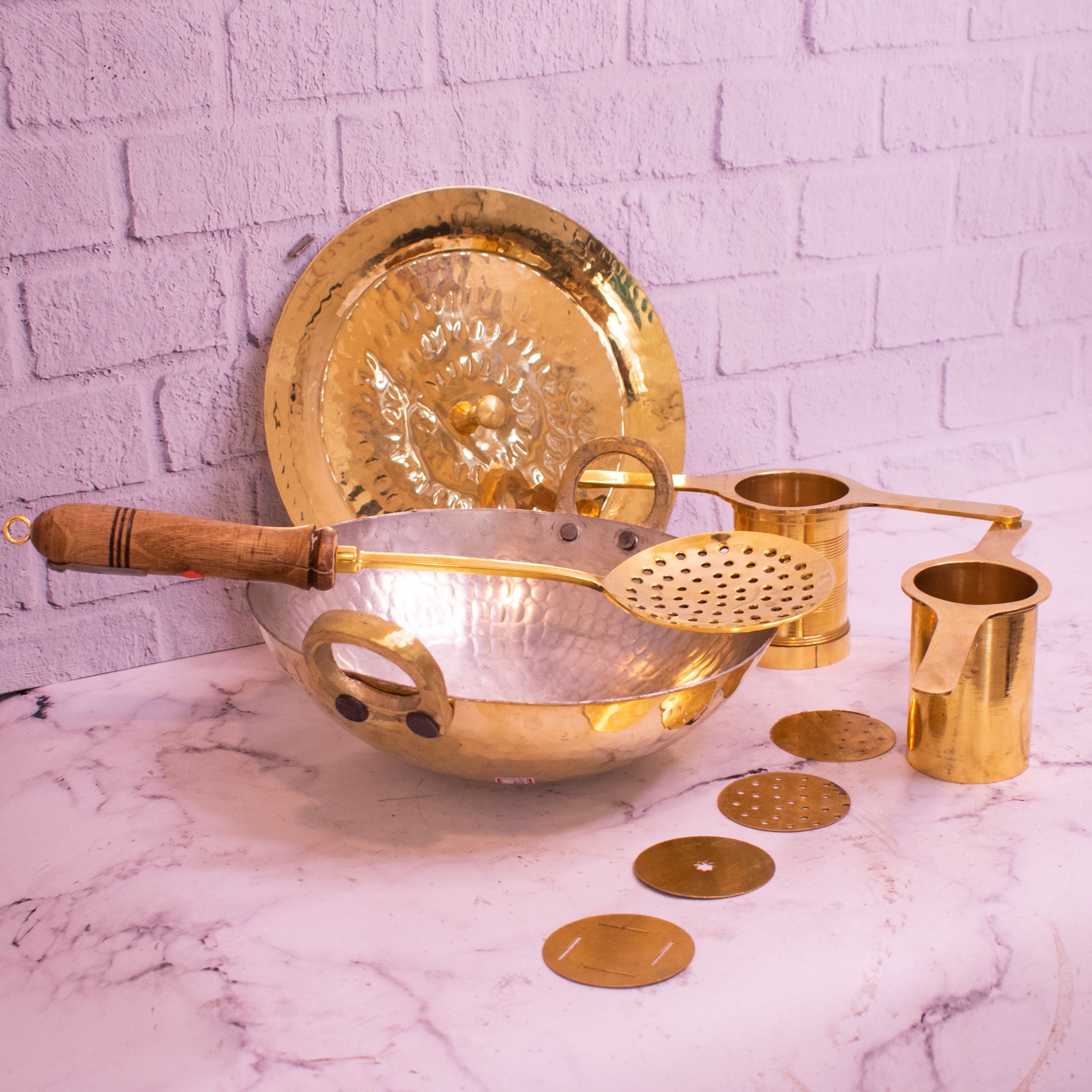 Brass Kadai-Brass Skimmer Ladle-Brass Chakli Maker Combo-Kadubu Chakli Set-Mahotsav Deals-3-Zishta Traditional Cookware