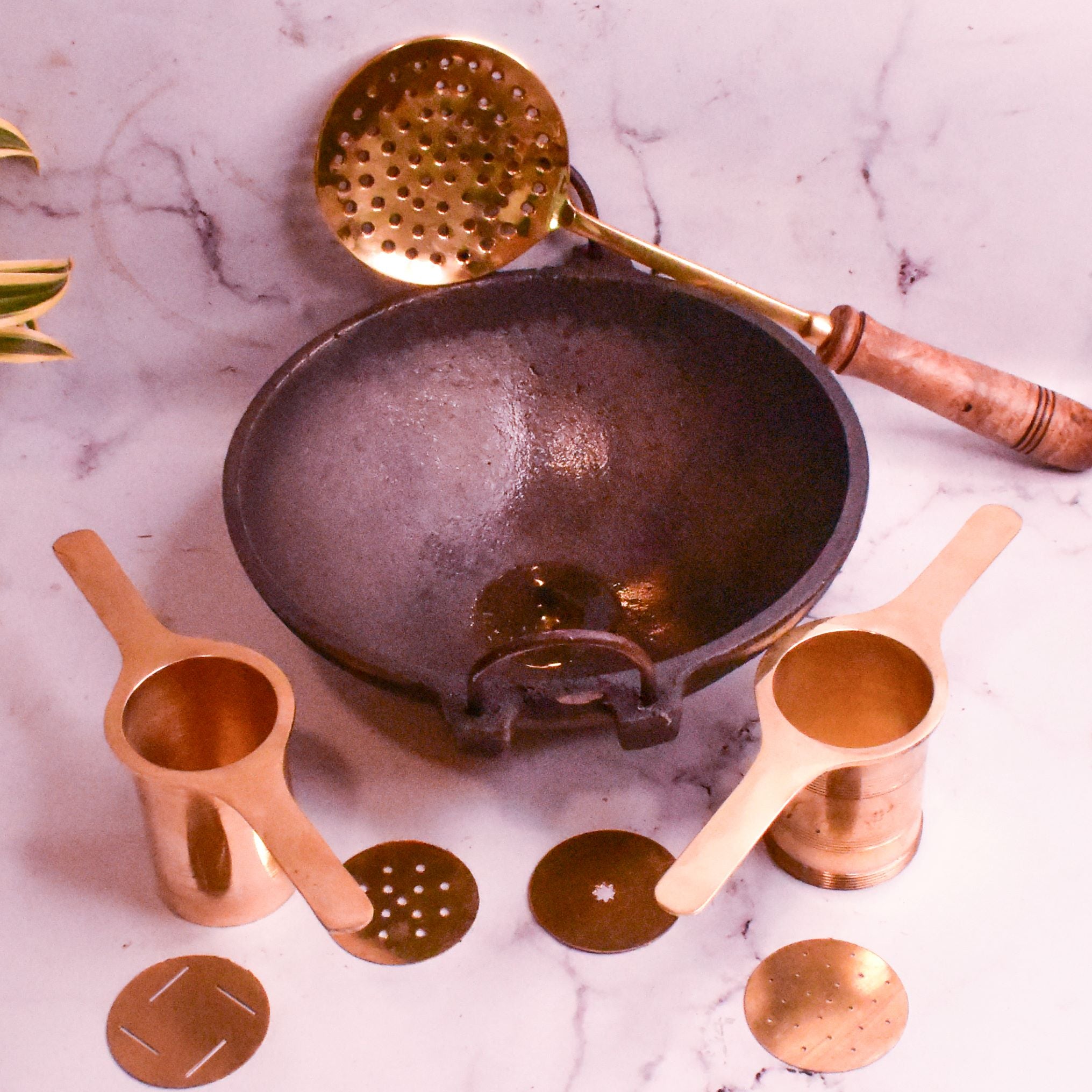 Cast Iron Kadai-Brass Skimmer Ladle-Brass Murukku Chakli Combo-Mahotsav Deals-1-Zishta Traditional cookware