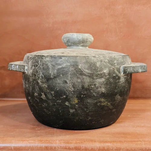 Soapstone Kalchatti Extra large Size with Lid on a wooden surface-Zishta Traditional Cookware