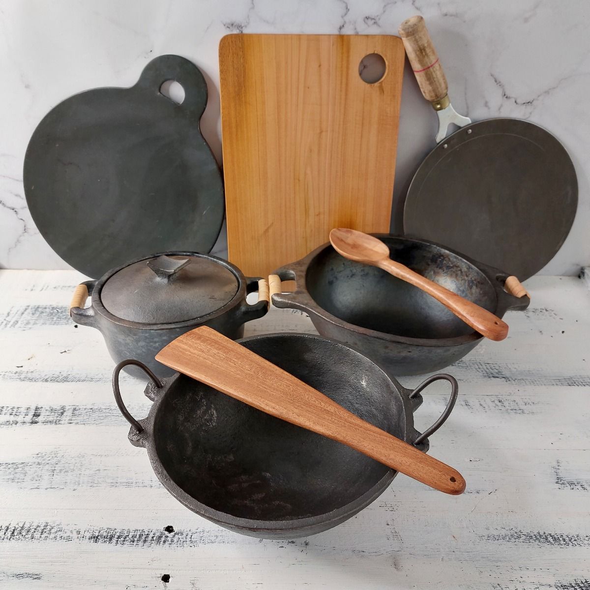 Beginners Manipur Black Pottery Combo: Manipur Black Pottery, Iron, Cast Iron & Neem Accessories