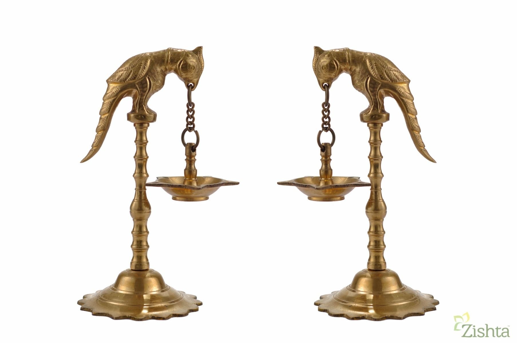 Traditional Brass Kuthu Vilakku: Hanging Parrot Lamp (Kili Vilakku - Set of 2)