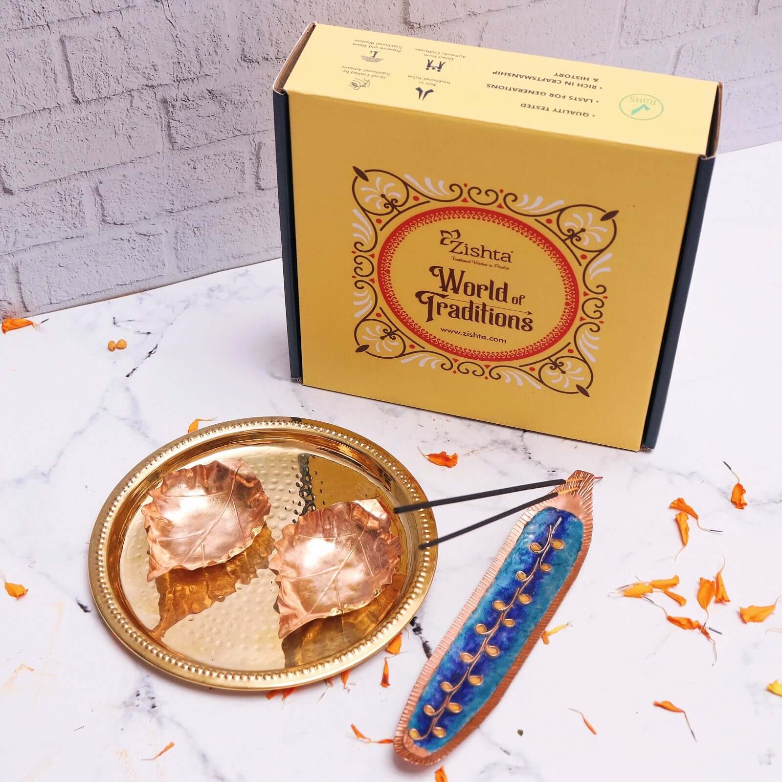 Choti Diwali Gift Set-Peepal Diya Copper Enamel Incense Stick Holder Brass Hammered Plate-Zishta Home Décor Gifts