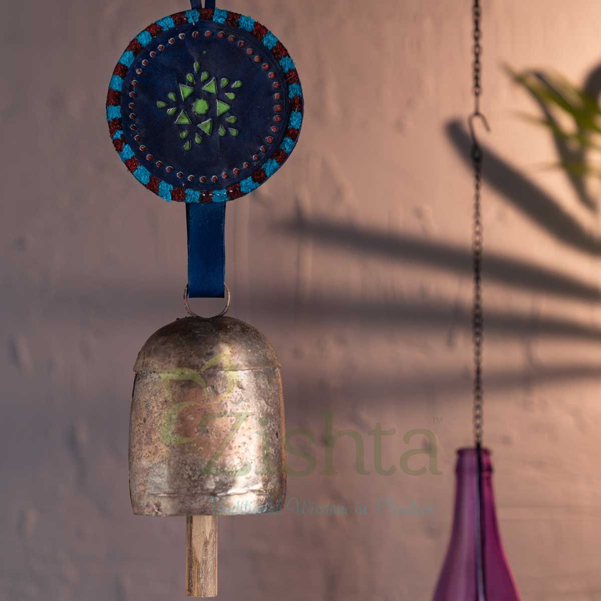 Copper Coated Iron Chimes Bell With Leather Blue-Zishta Traditional Cookware