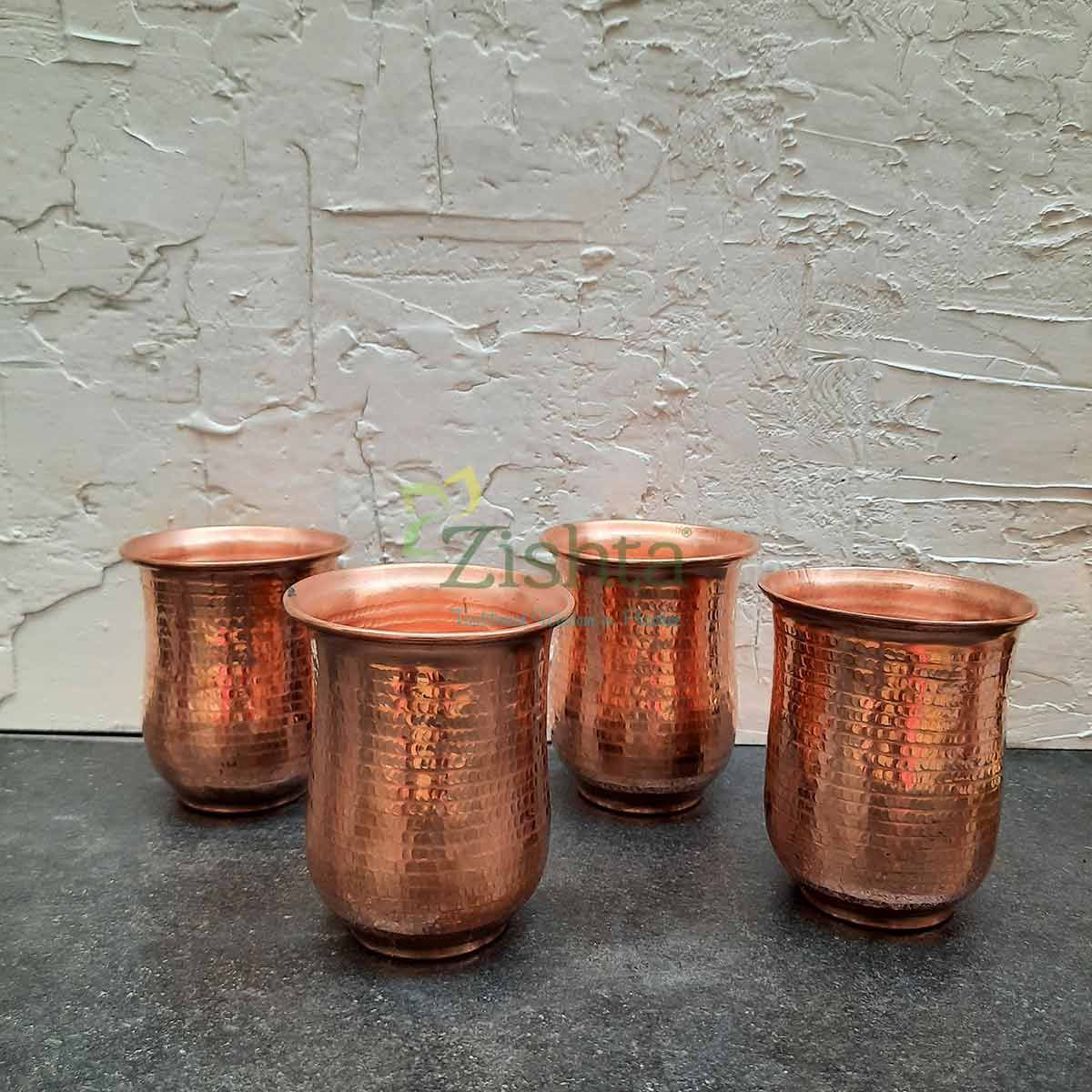 Copper Water Curved Jug With 4 Glasses 3-Zishta Traditional Cookware