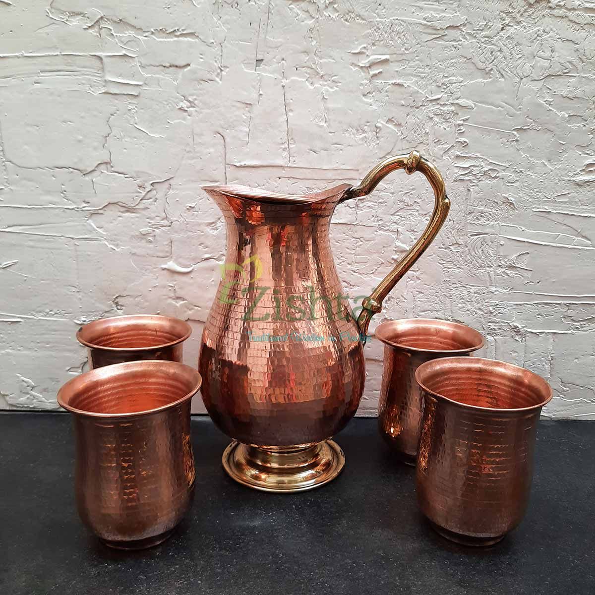 Copper Water Curved Jug With 4 Glasses-Zishta Traditional Cookware