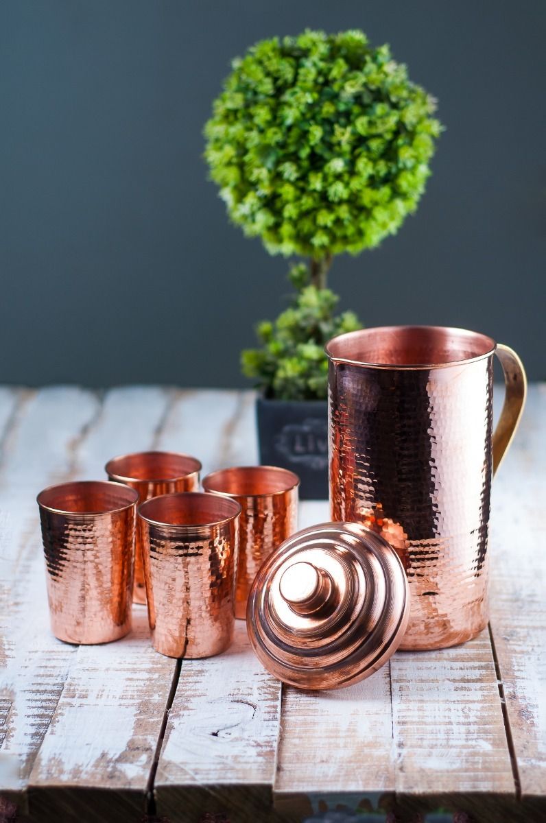 Copper Water Jug and Tumbler: Set of 1 copper jug and 4 copper glasses