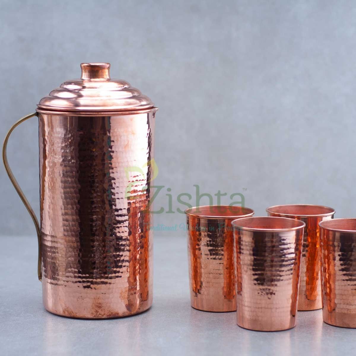 Copper Water Jug and Tumbler: Set of 1 copper jug and 4 copper glasses