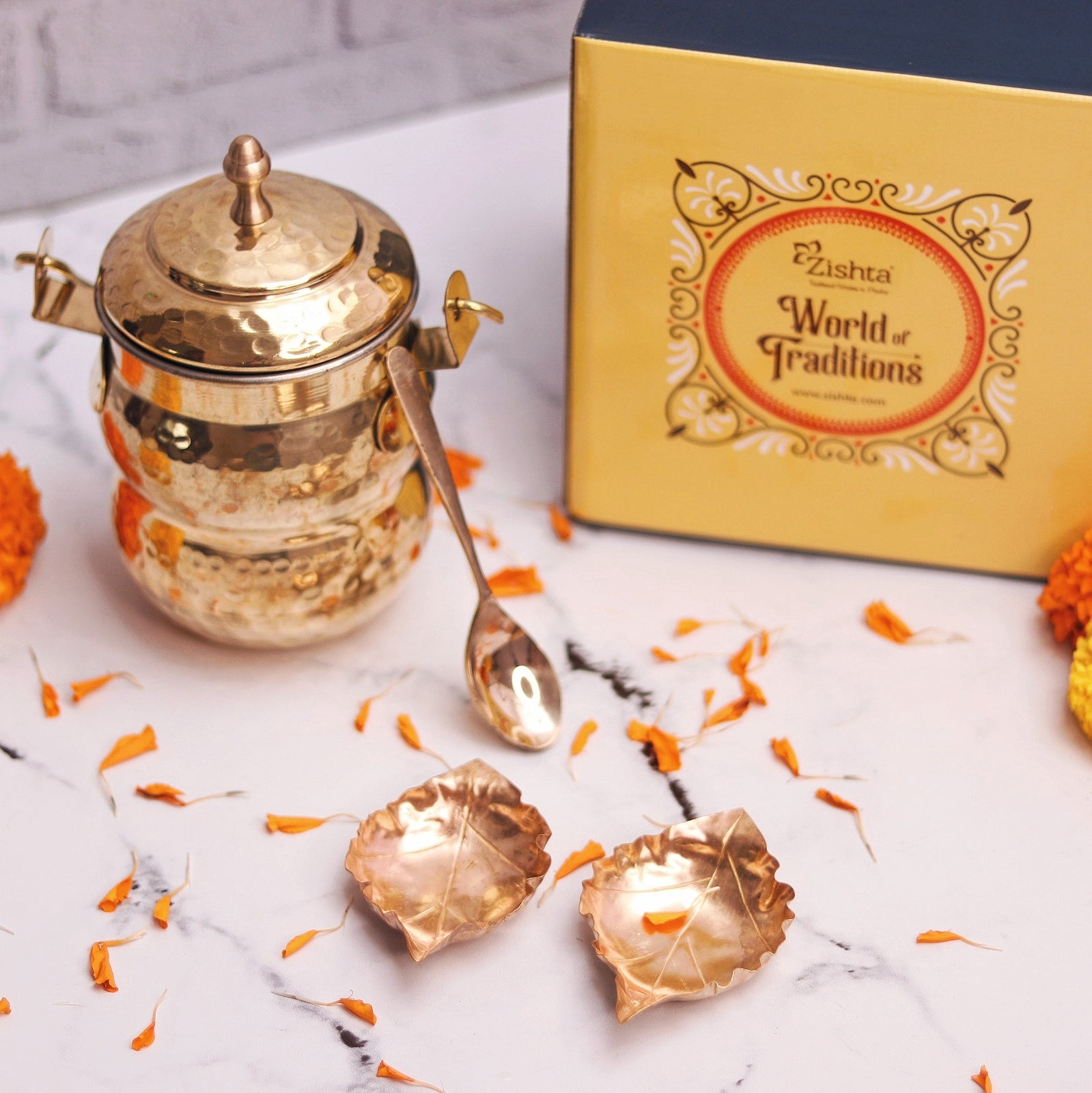 Diwali Gifts Diya And Baati Brass Ghee Container 2-Zishta Traditional Home Décor