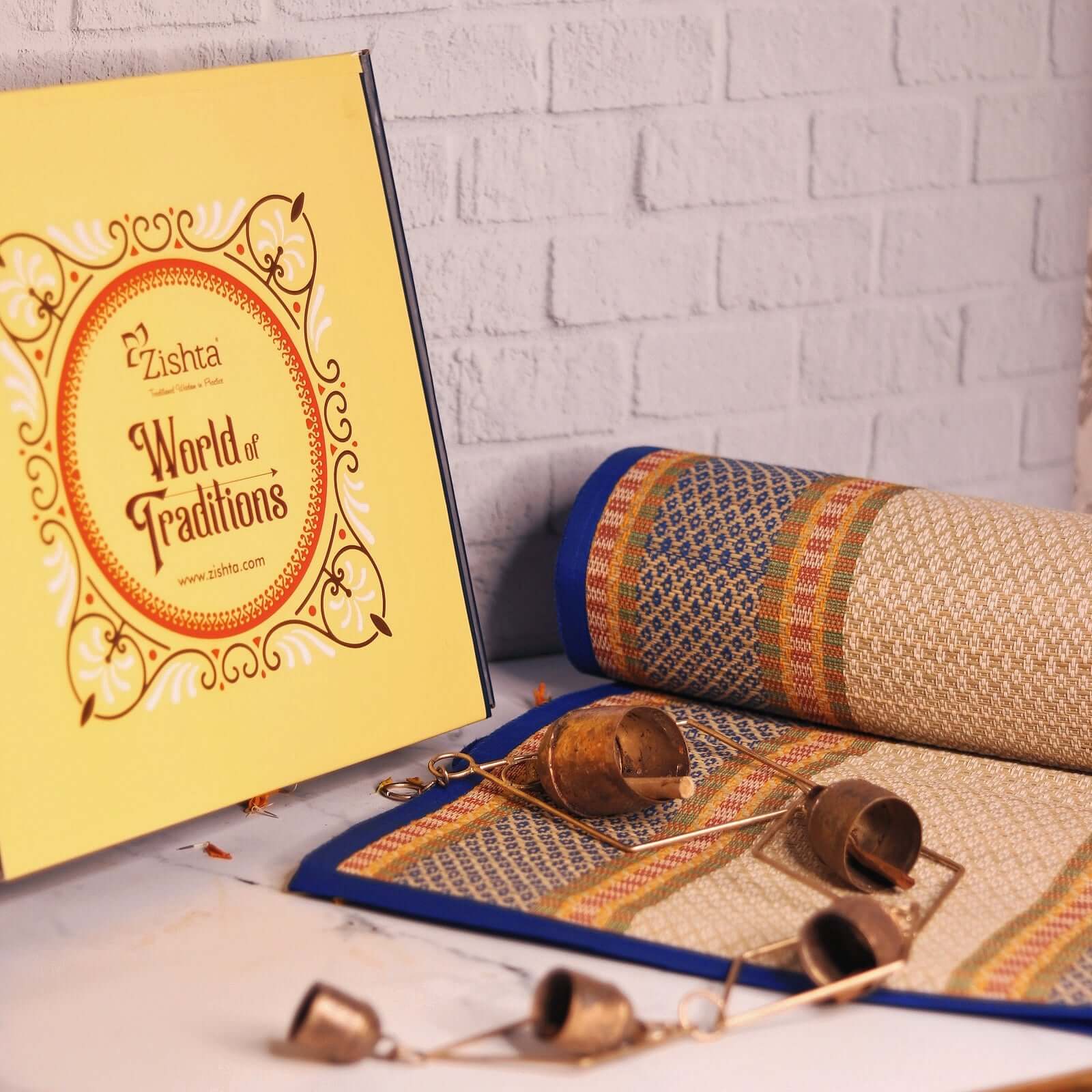 Natural Madurkathi Mat And Chime Gift Set -2-Zishta  Home Décor Gifts