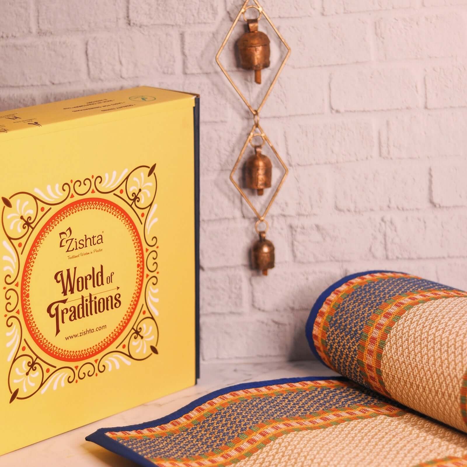 Natural Madurkathi Mat And Chime Gift Set -3-Zishta  Home Décor Gifts
