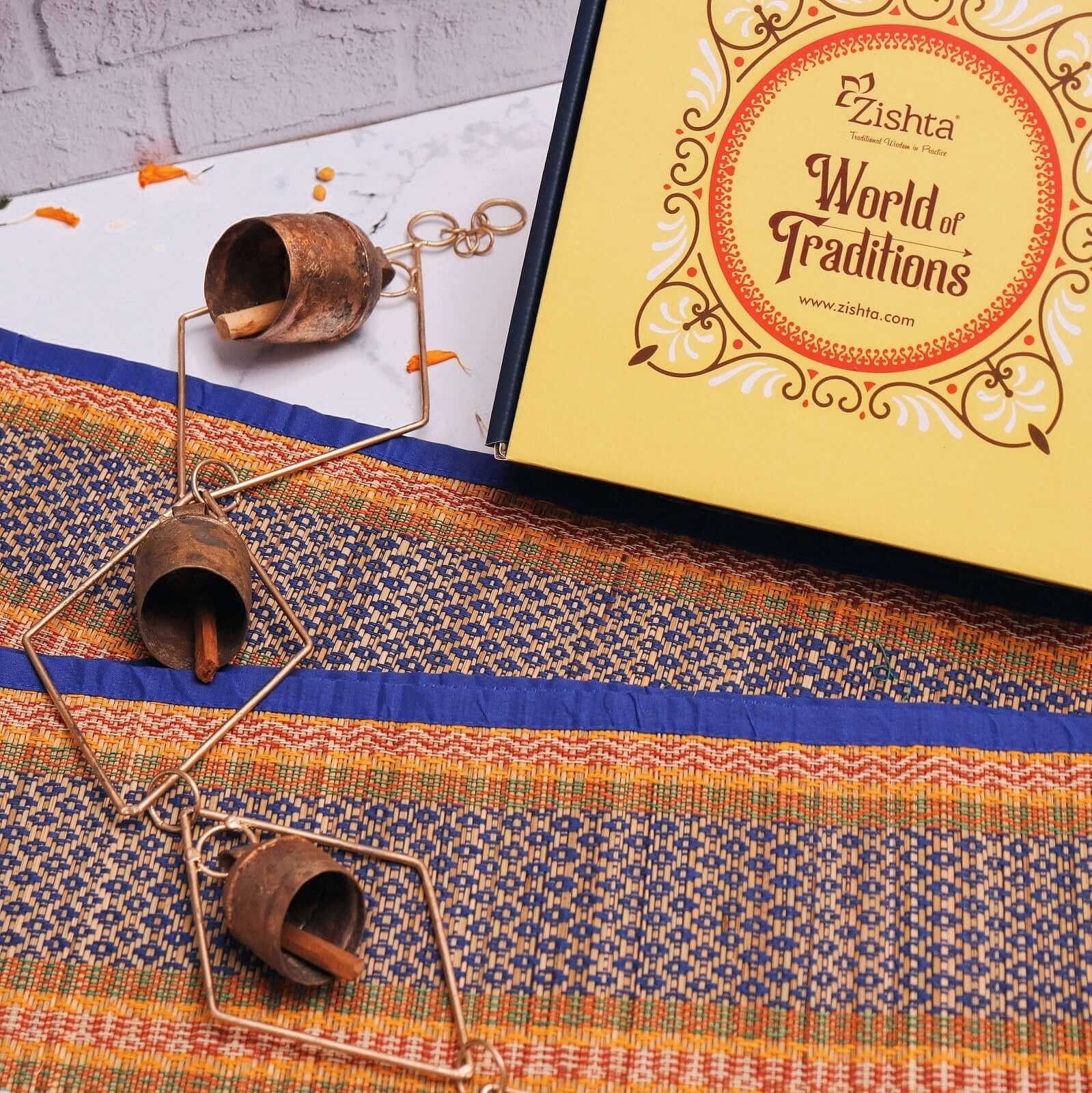 Natural Madurkathi Mat And Chime Gift Set -Zishta  Home Décor Gifts